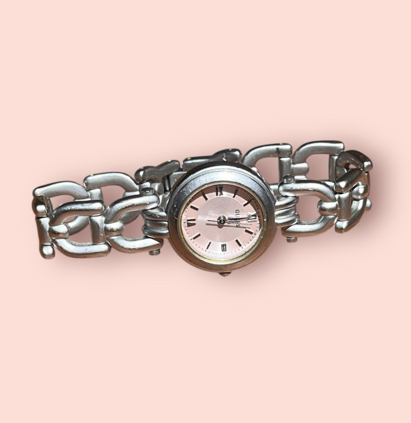 Vtg Guess Women Working Watch Pink Brushed Silver Chain Fold Over Clasp 6.75″