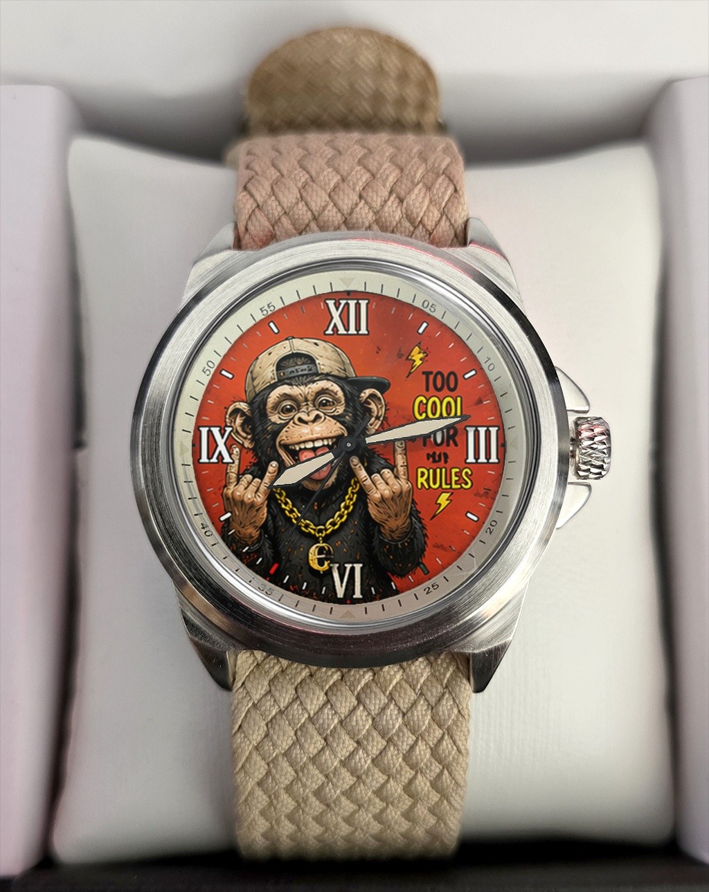 Funny Pop Animal Art Chimp Monkey Khaki Fabric Strap Wrist Watch Boxed