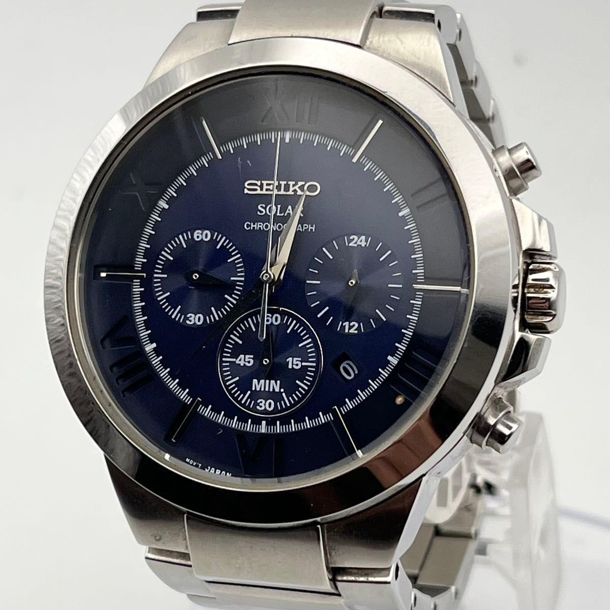 SEIKO Solar Chronograph V175 Navy Dial Men s Wristwatch Stainless Steel