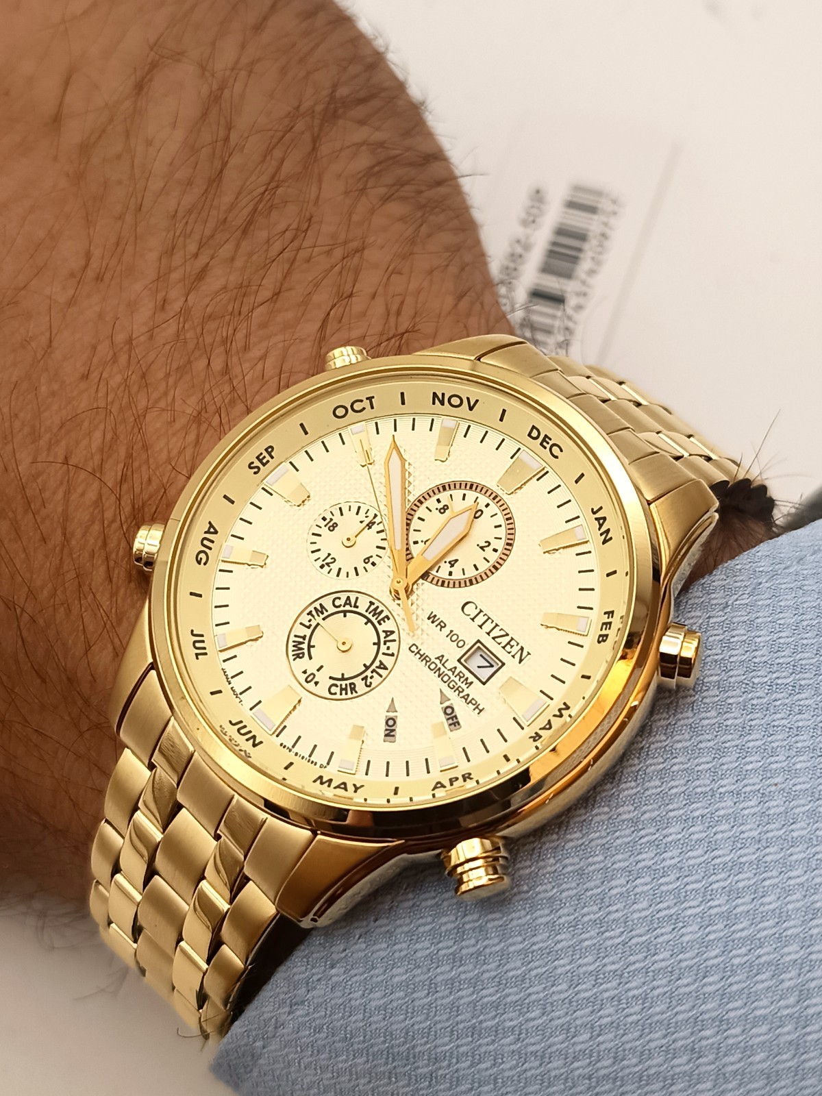Citizen AI3882-50P Alarm Chronograph WR100 Gold Tone NOS Full Set Box & Papers