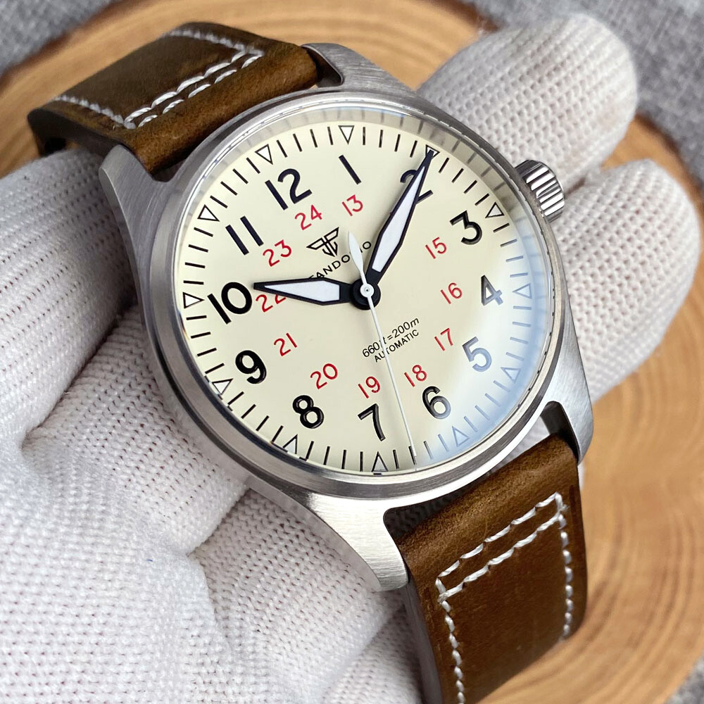 2024 Tandorio 39mm Pilot Beige Dial NH35 PT5000 Sapphire 20ATM Men’s Watches