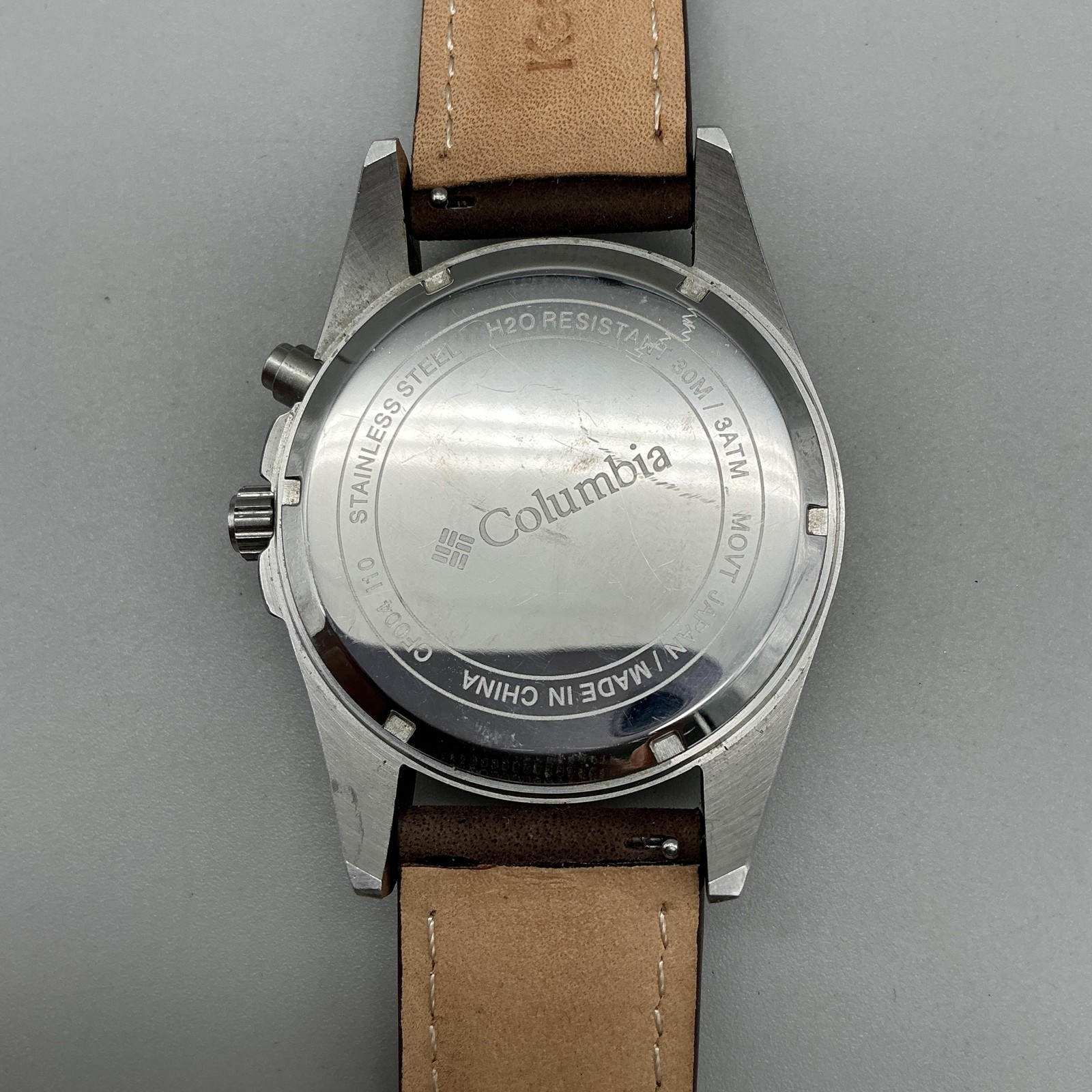 Columbia Mens Watch 44mm Blue Bezel Brown Leather Backlight New Battery