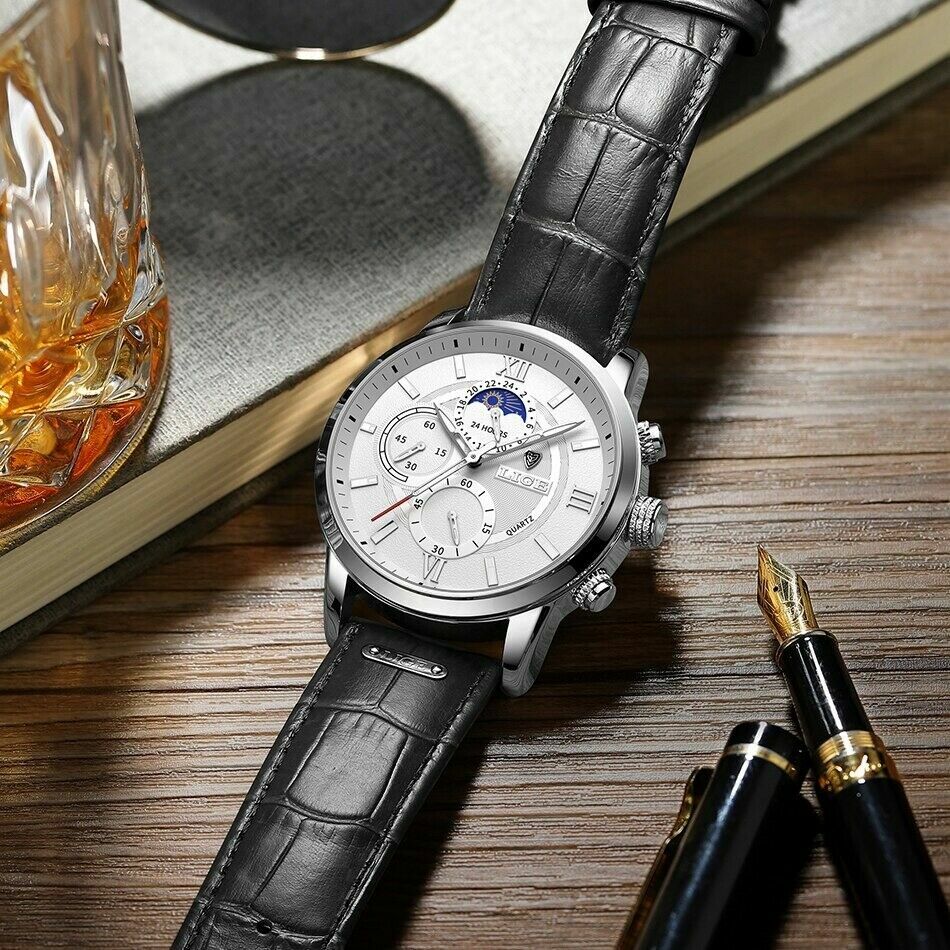 NEW Men’s LIGE Silver Tone Moonphase Chronograph Black Leather Dress Watch