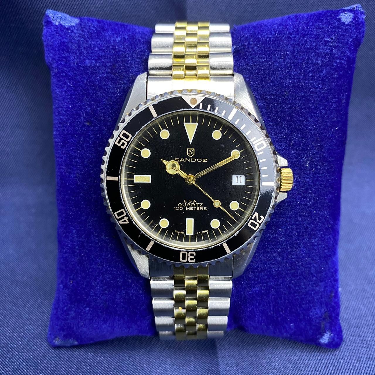 RARE Sandoz Diver ESA Quartz Black Dial Black Bezel TwoTone Date Vintage Watch