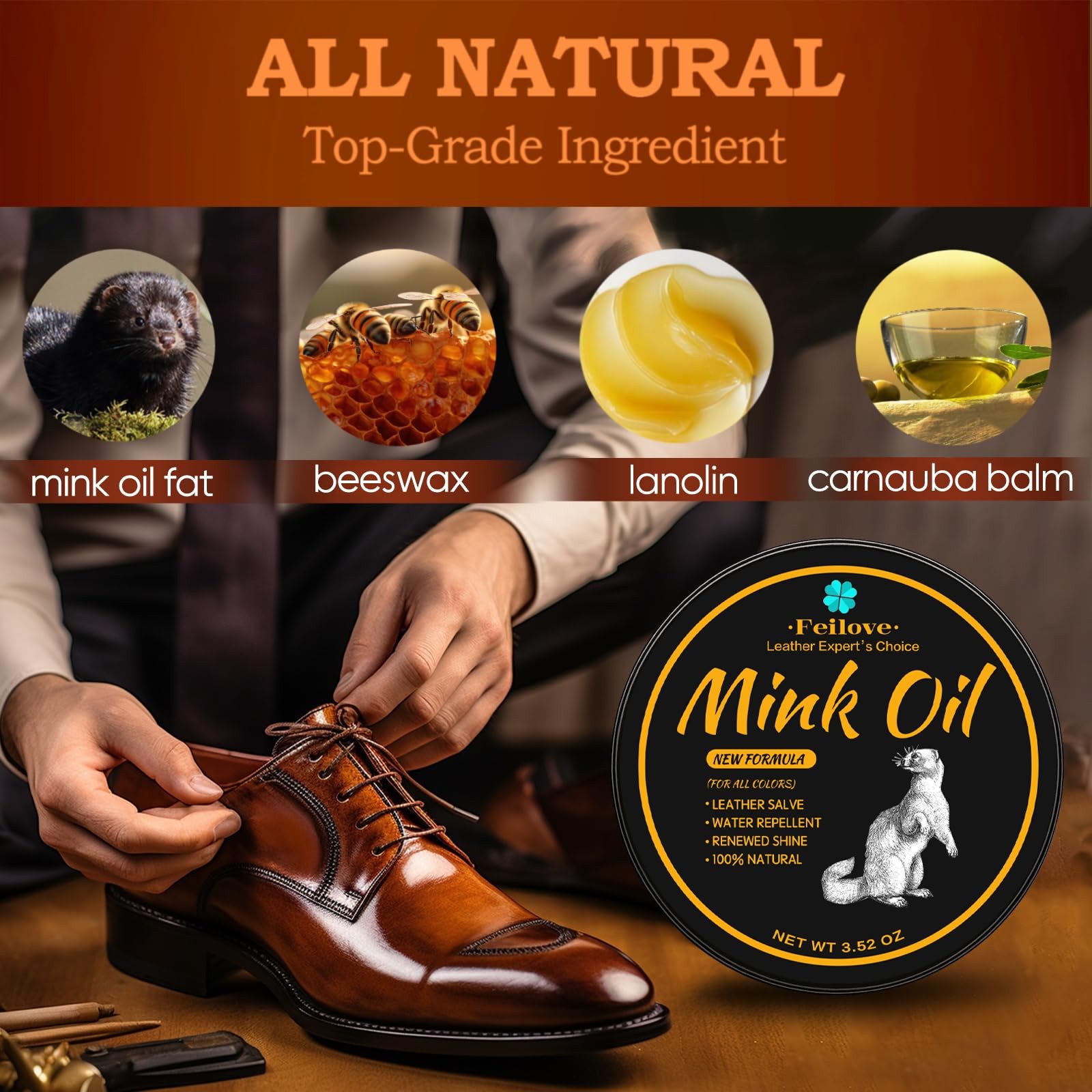 Feilove 4-in-1 Mink Oil Leather Conditioner and Cleaner 3.52 oz – Premium Waterp
