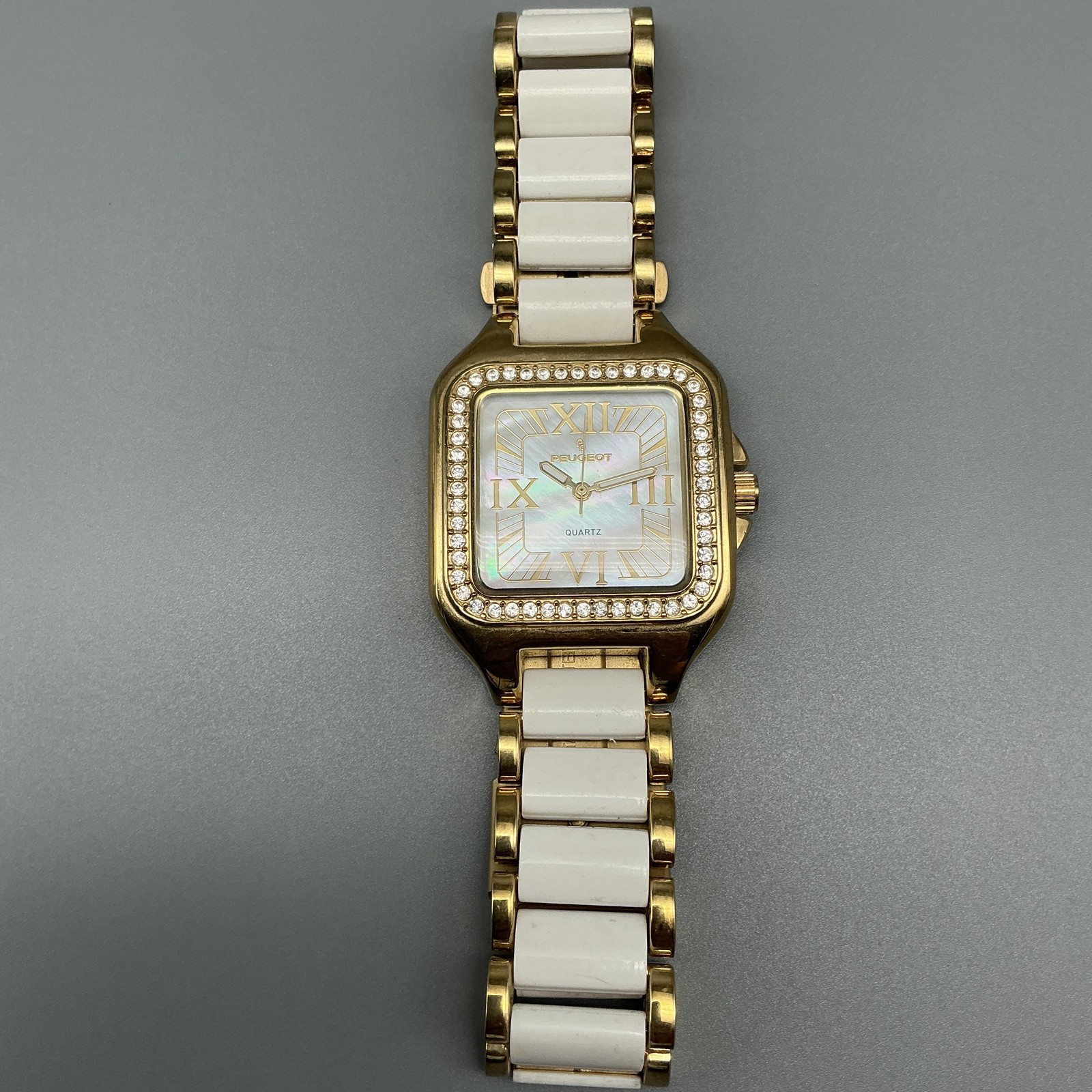 Peugeot Womens Watch 35mm Gold Tone MOP Crystal Bezel New Battery 7.25″