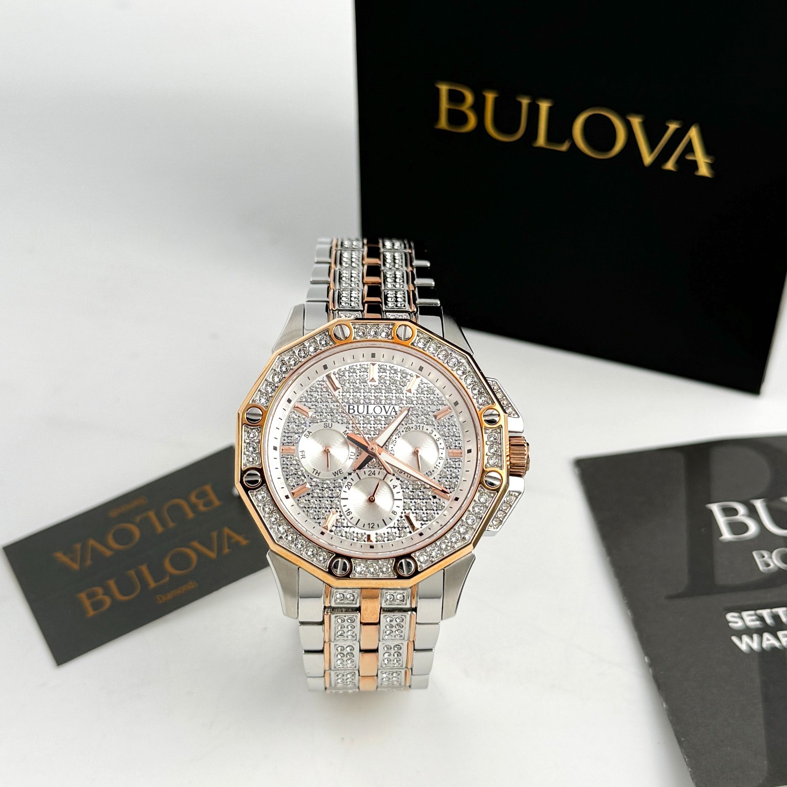 Bulova Crystal Octava 98C133 Quartz Rose Gold Dial Stainless Men’s Watch 41.5mm
