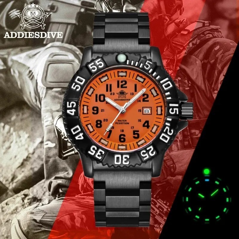 Addiesdive Military Quartz Watch Men Nylon Band Dive 50M Waterproof Luminous NEW