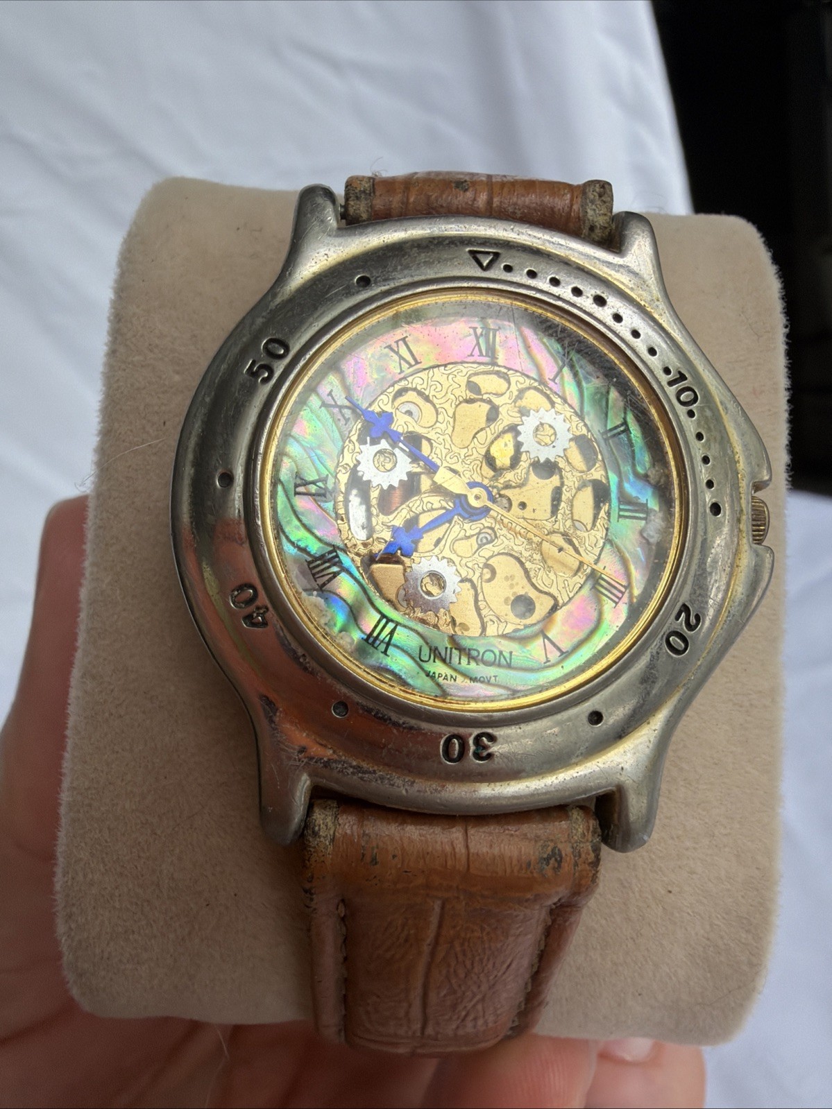 Vintage 90s Geometric Skeleton Watch Abalone Mother of Pearl Dial Does Not Work