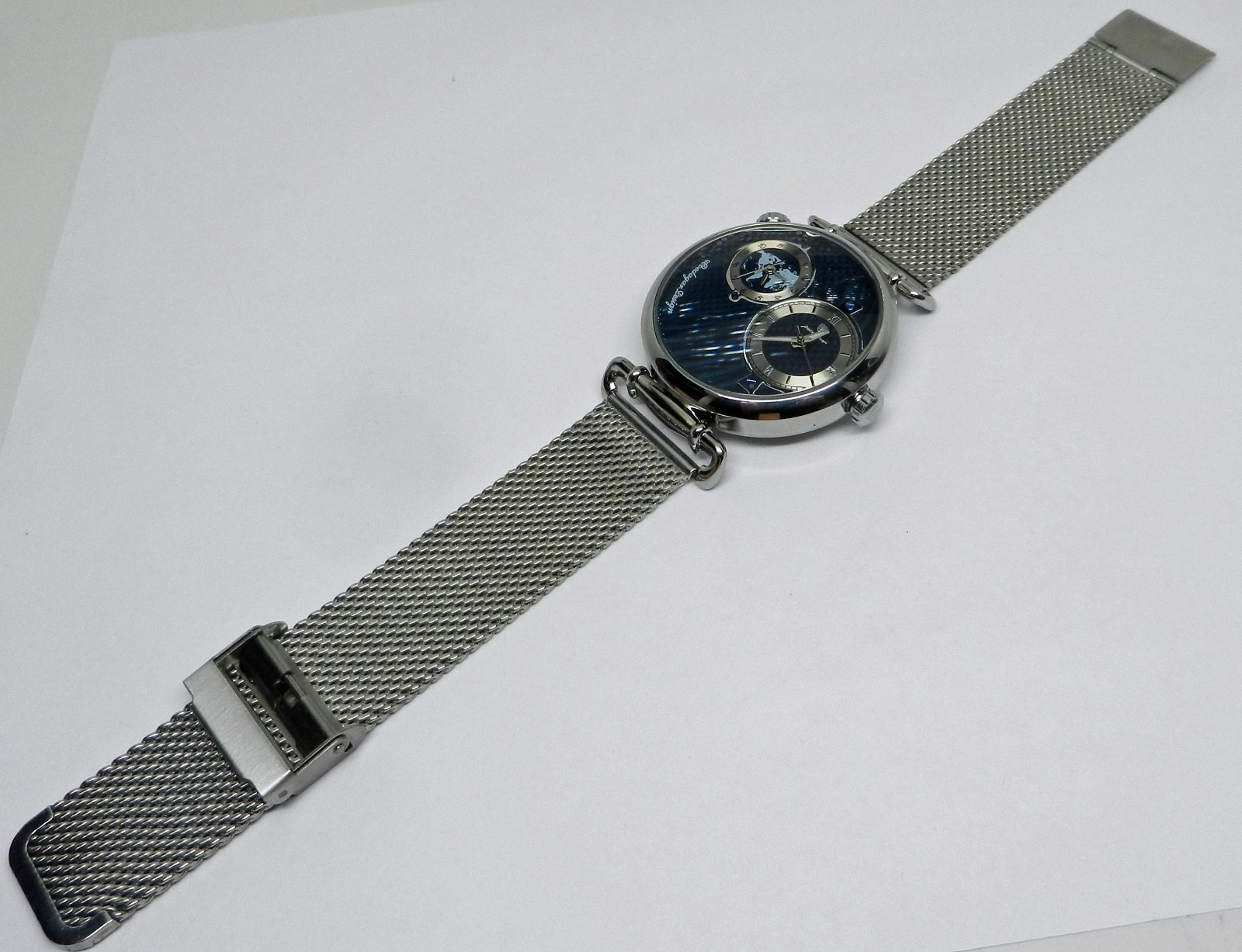 Men’s Dual Time 44mm Textured Blue Date Dial Stainless Steel Mesh Strap Watch