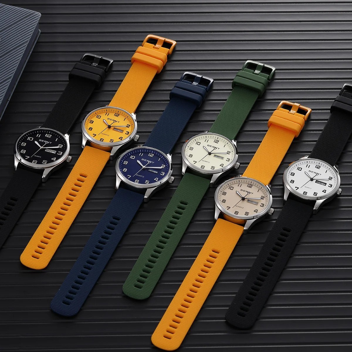 BERNY Men’s Quartz Watch Luminous Day Date 41mm Soft Silicone Strap Wristwatch