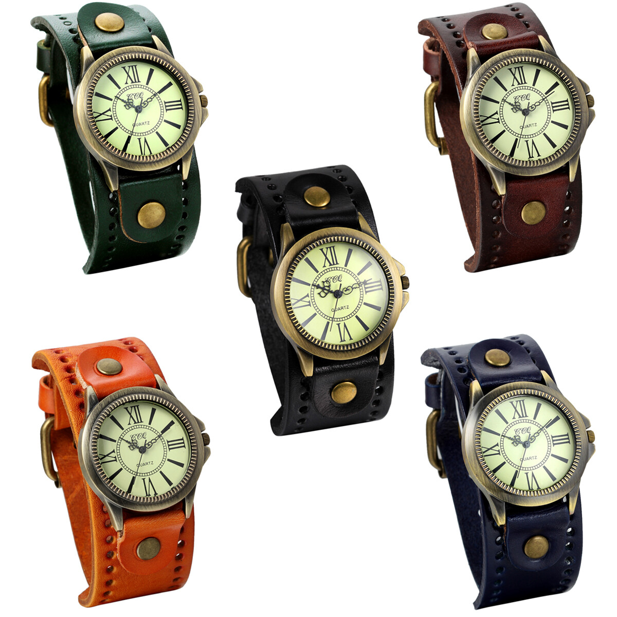 Retro Men Women Punk Wide Leather Bangle Roman Numerals Dial Quartz Wrist Watch