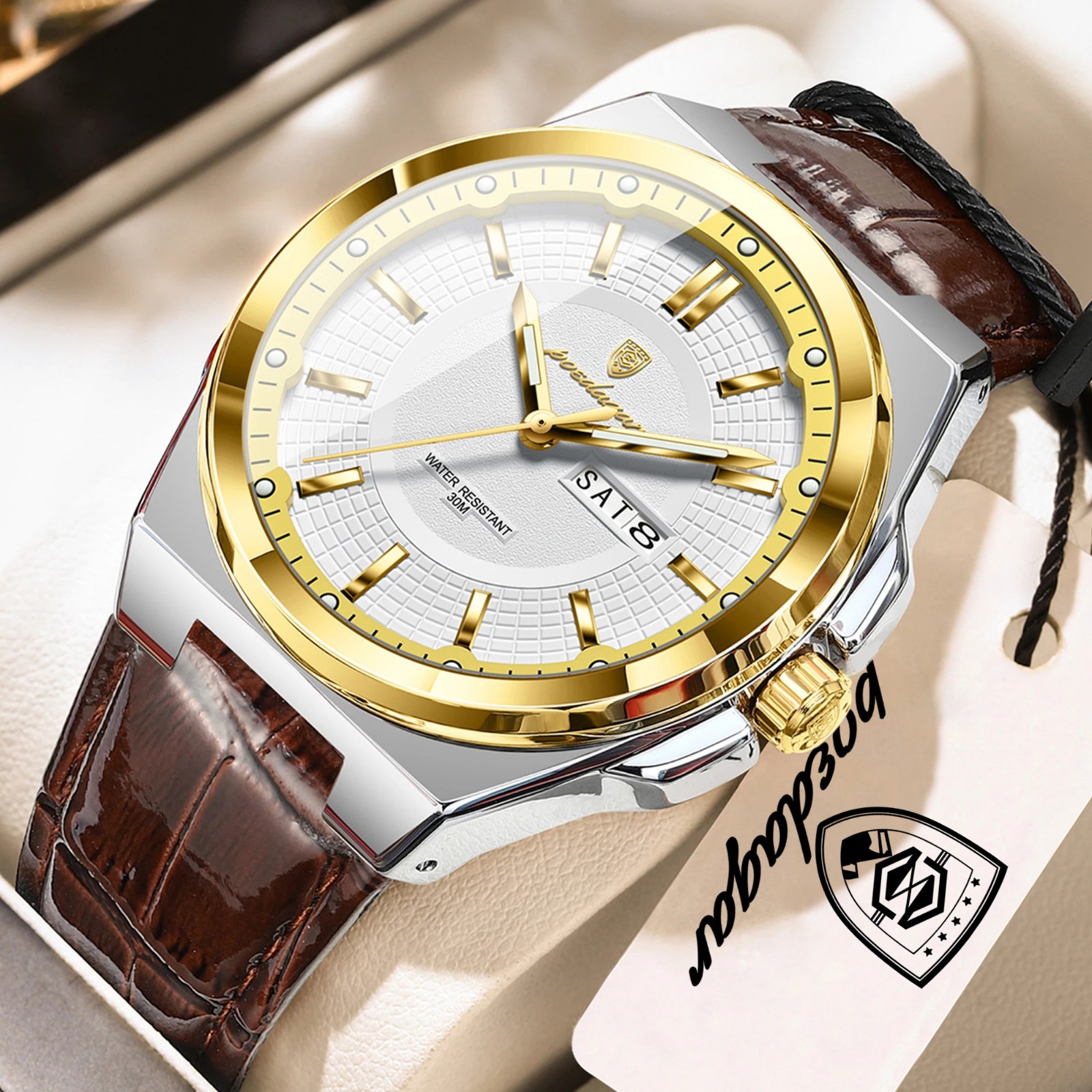 POEDAGAR Men’s Watch Waterproof Luminous Date Week Quartz Leather Business Watch