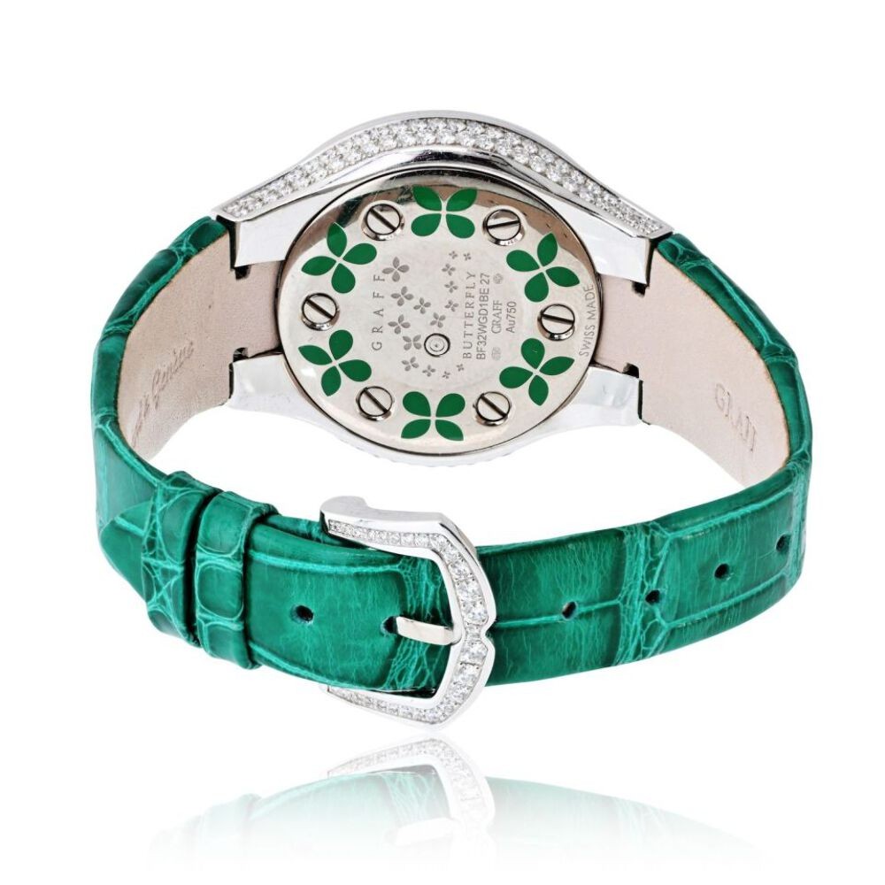 Graff 18K White Gold Butterfly Green Emerald Limited Edition 32mm Dial Watch