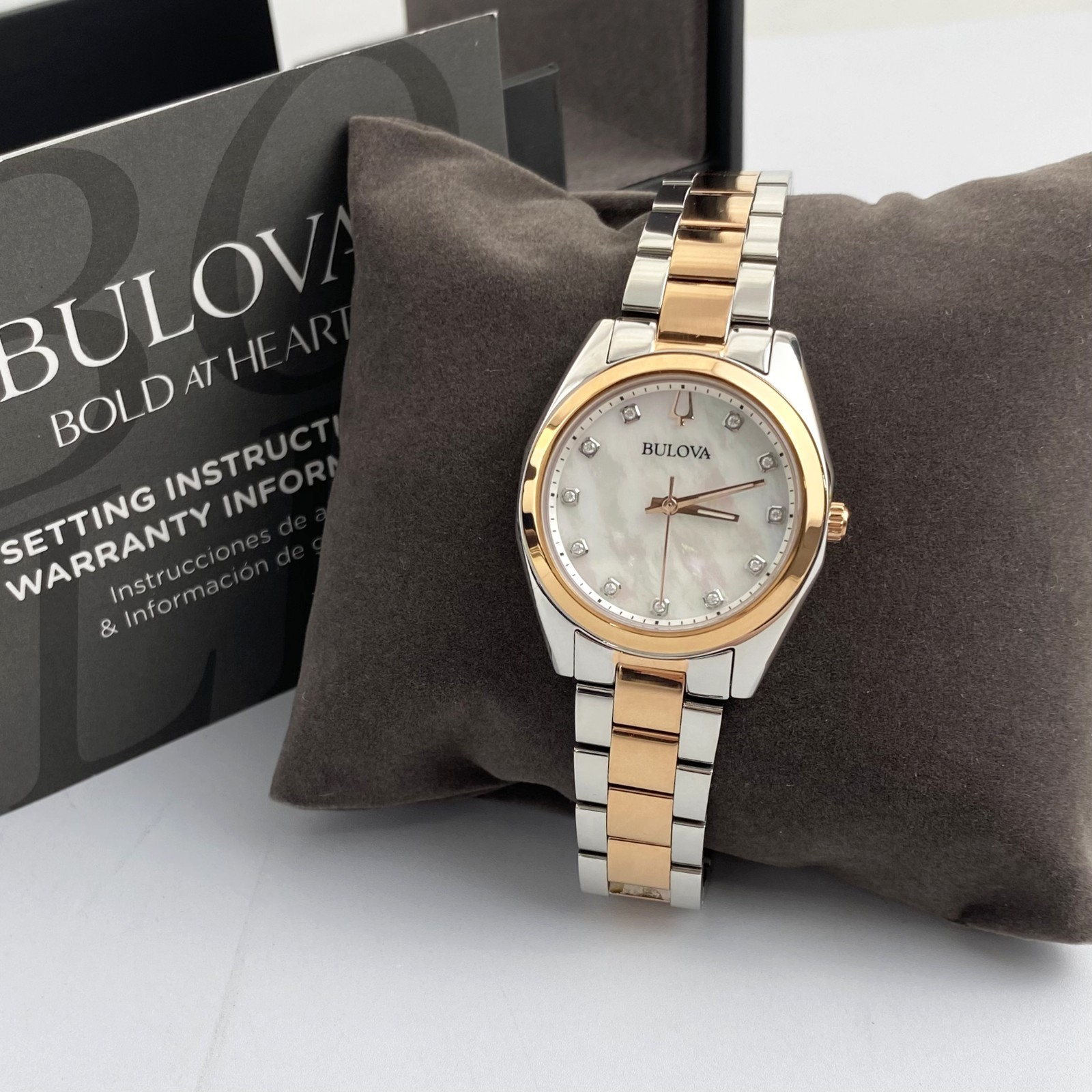 Bulova Surveyor 98P207 Womens Watch Mother of Pearl Dial Rose Gold Tone Strap