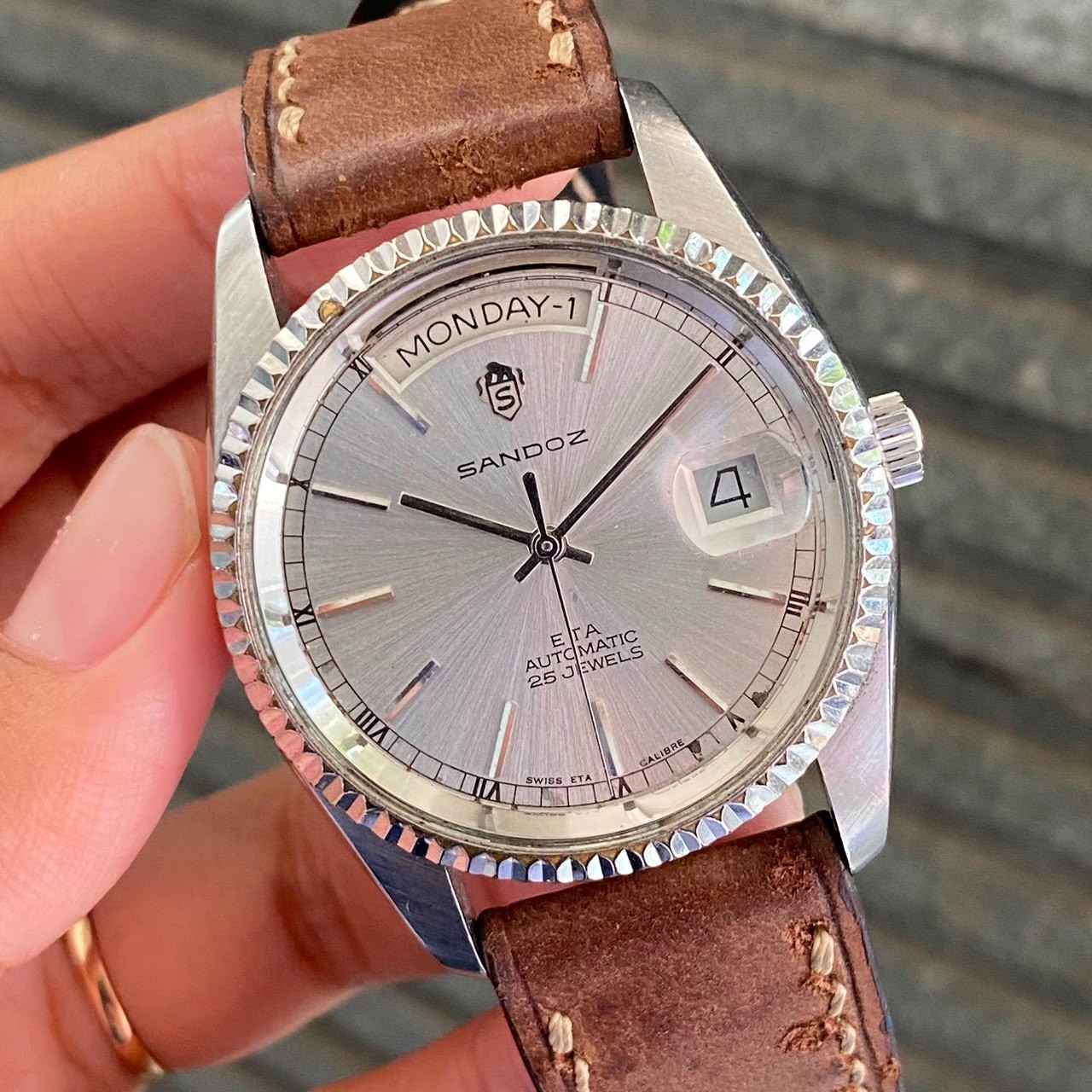 Rare Sandoz President Automatic ETA Swiss Day Date Silver Dial Watch Leather Men