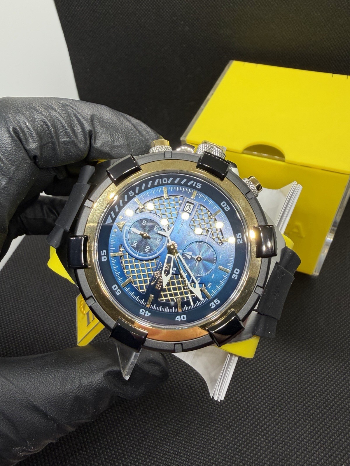 Invicta Aviator 44523 Men’s Chronograph 48mm Blue Gold Dial Black Silicone New
