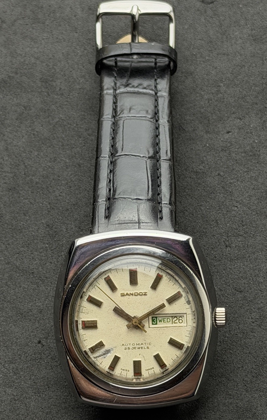 Vtg 1976 SANDOZ Day Date Men’s 40mm Automatic Watch 25 Jewels Steel Cream Dial