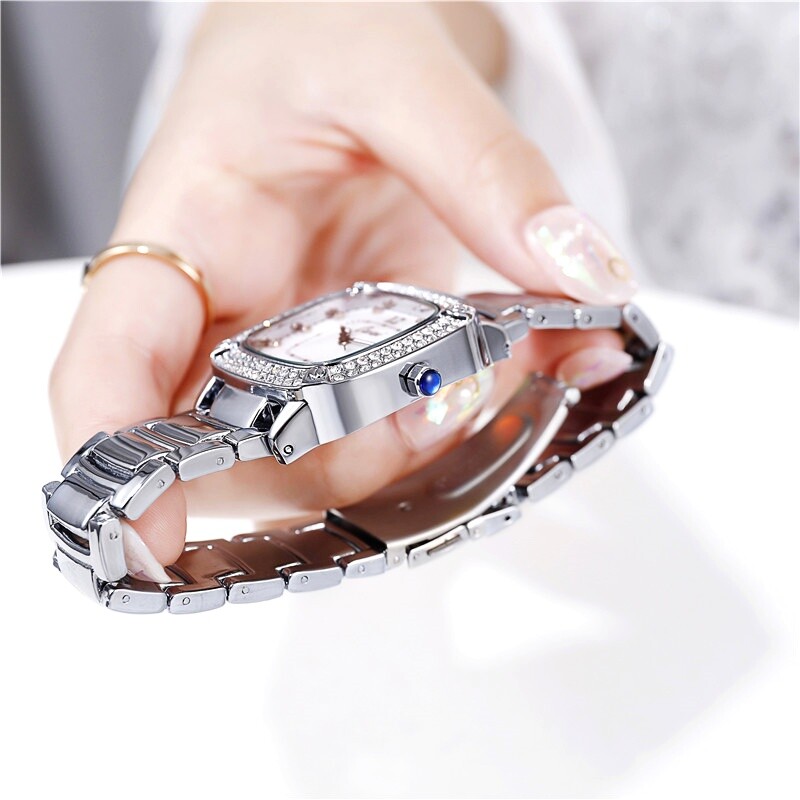 Womens Luxury Crystal Studded Square Face Casual Dress Formal Quartz Watches