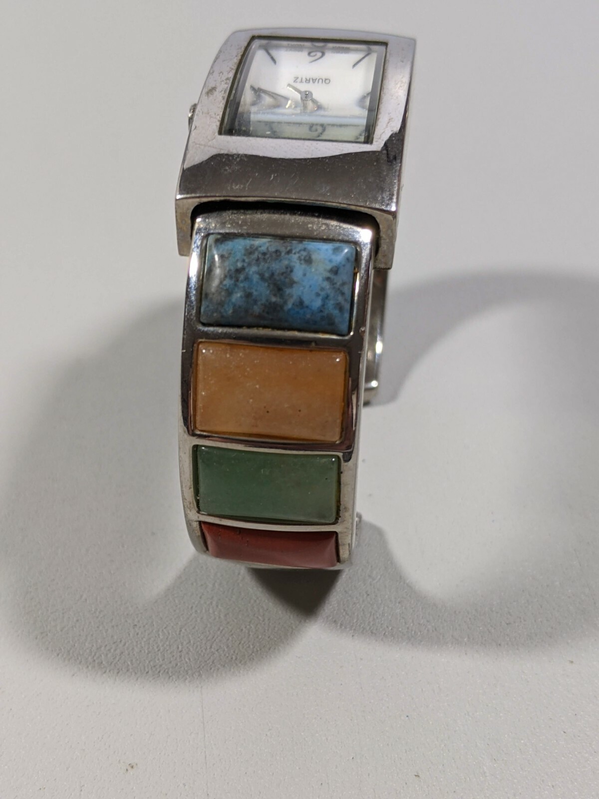 Silver Tone White Dial Natural Gemstone Blue Orange Green Red Open Cuff Watch