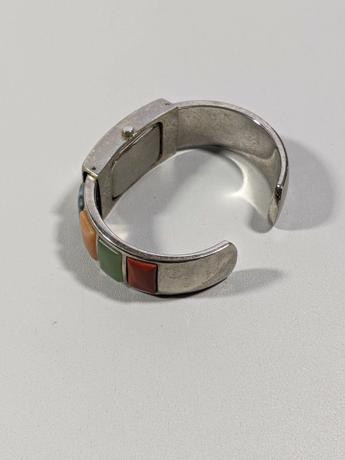 Silver Tone White Dial Natural Gemstone Blue Orange Green Red Open Cuff Watch