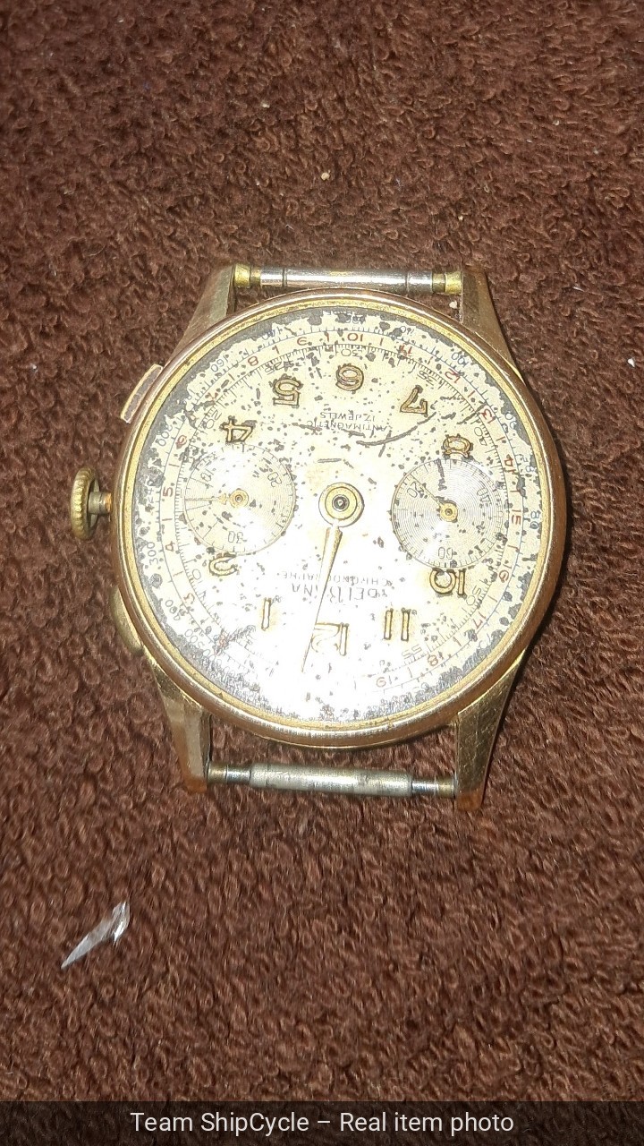 DelBana Chrono Mens Watch c1930s 18K Gold OffWhite Dial CLEAN AS IS G2U