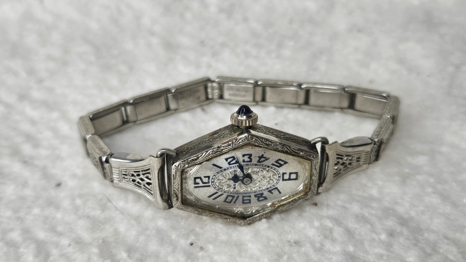 Art Deco Manfred 18KT White GF Mechanical Windup Ladies Watch-16 Jewels -WORKS