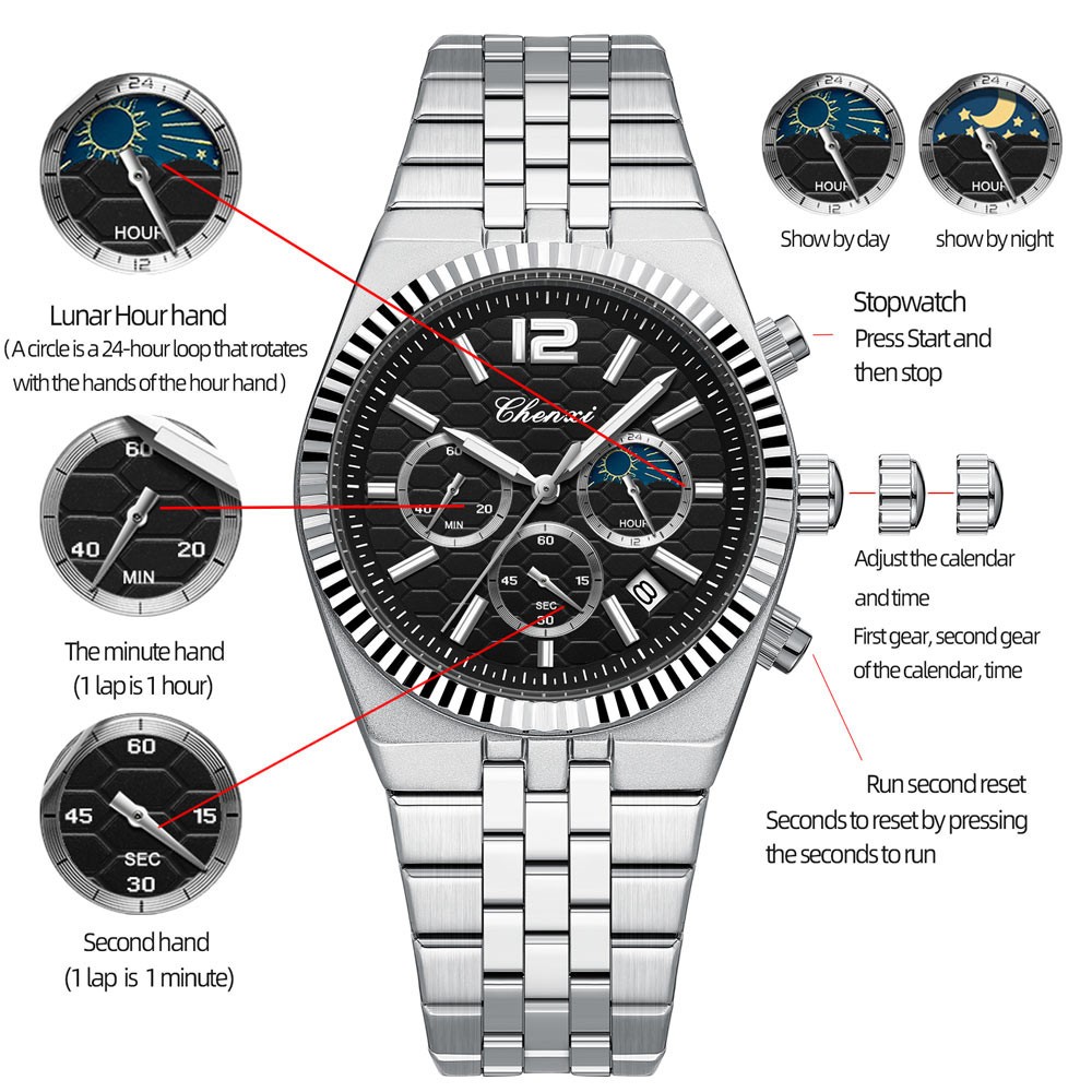 CHENXI Men Quartz Watch Chronograph Wristwatch Six-hands Male Business Watches