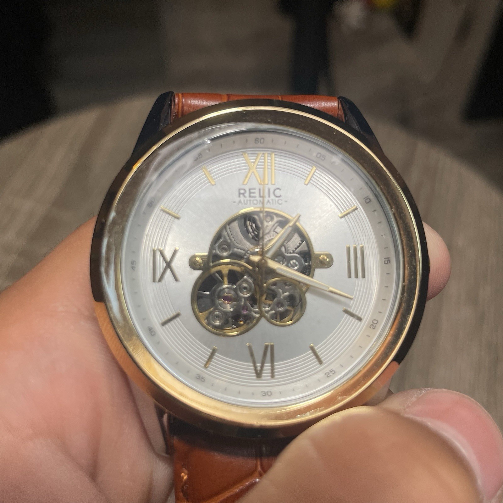 Relic Automatic Skeleton Dial Watch 42mm 50m Silver Dial Brown Leather Strap