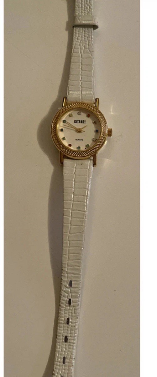 Vintage Gitano Watch Genuine Leather White Multicolor Dial