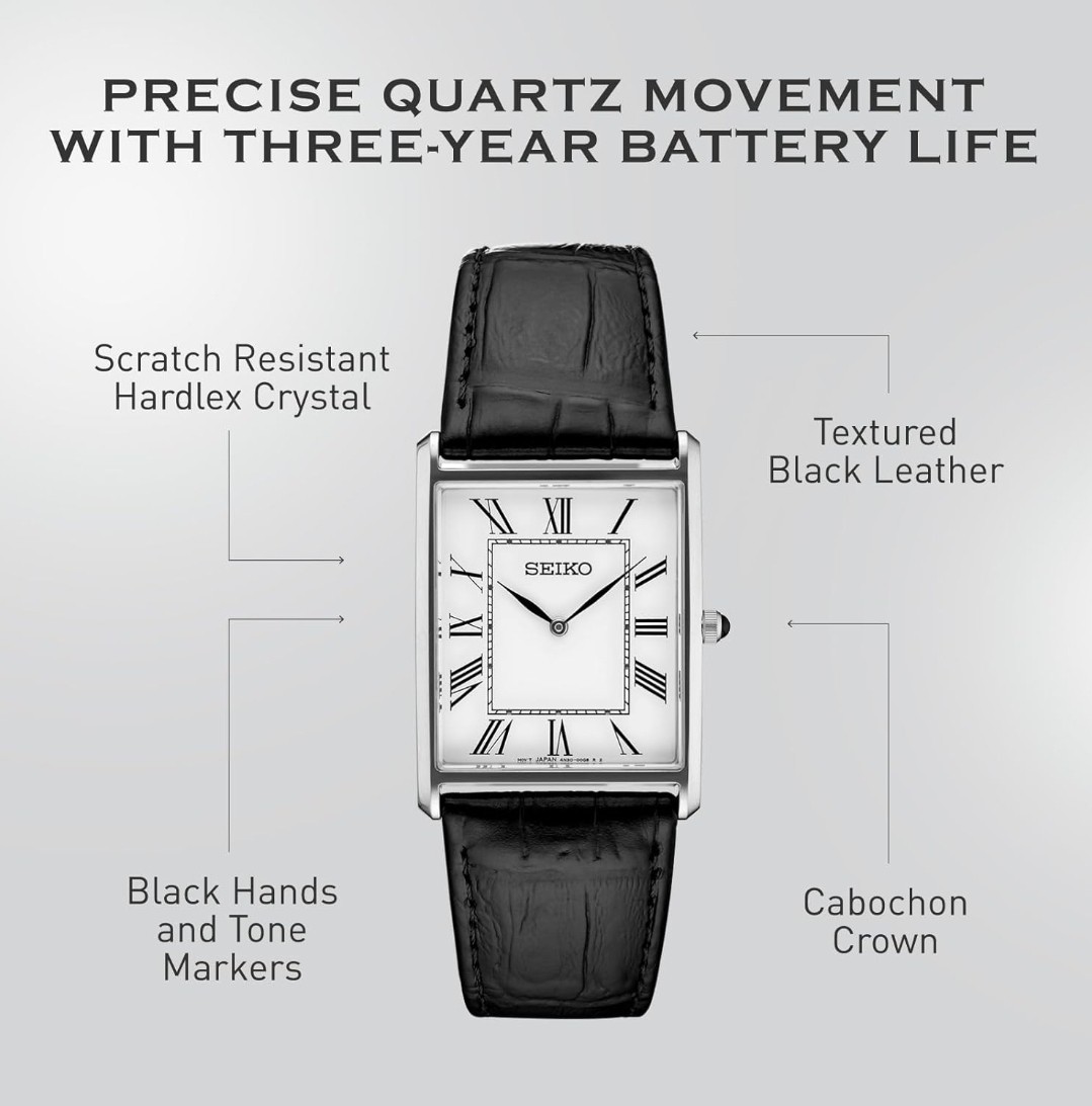 Seiko Tank Men’s Quartz Rectangle Watch White Roman Dial Black Leather 30m