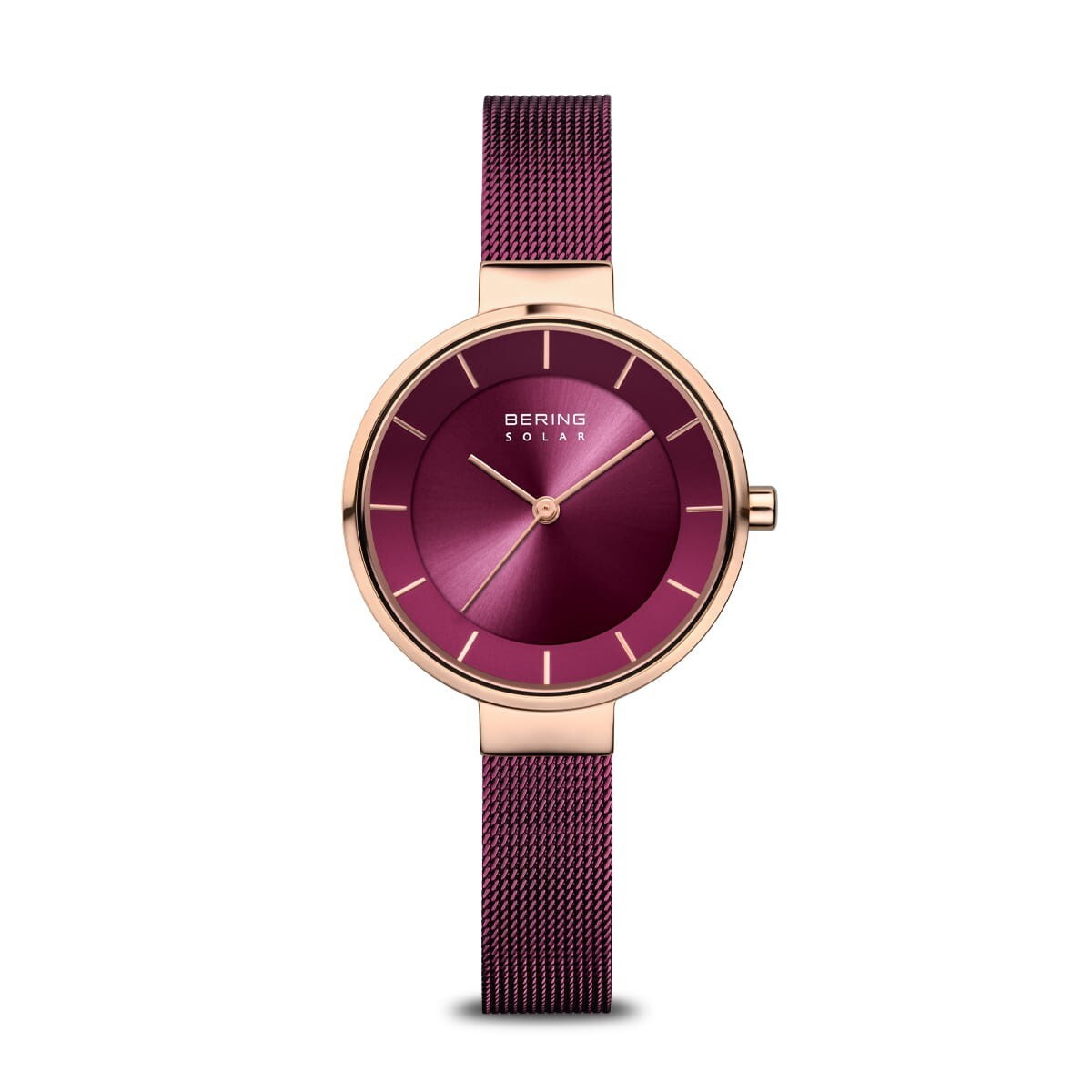 Bering Slim Solar Rose-Gold Case Purple Dial Mesh Band Lady’s Watch 14631-969