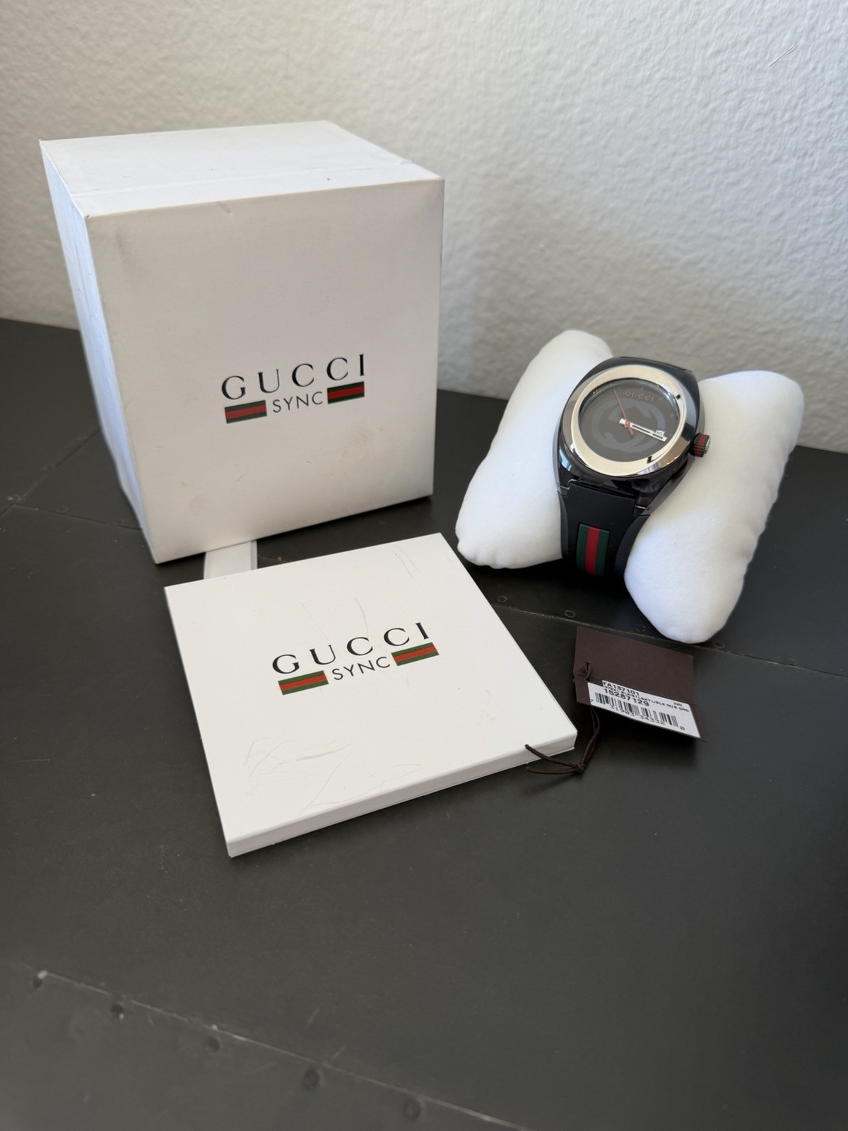 Gucci Sync XXL YA137101 Black Swiss Watch 46mm Web Stripe Box & Tag New Battery