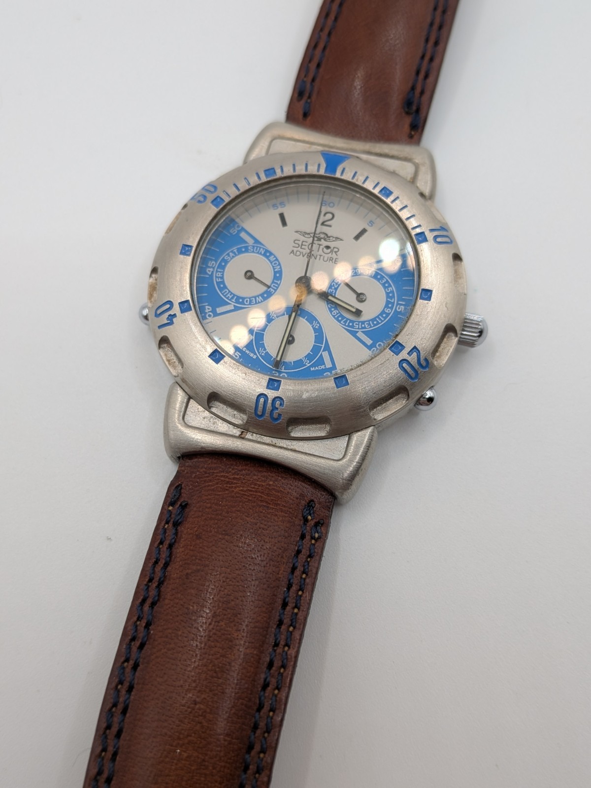 Classic Blue SECTOR Adventure Swiss Made Wrist Watch With Brown Leather Band