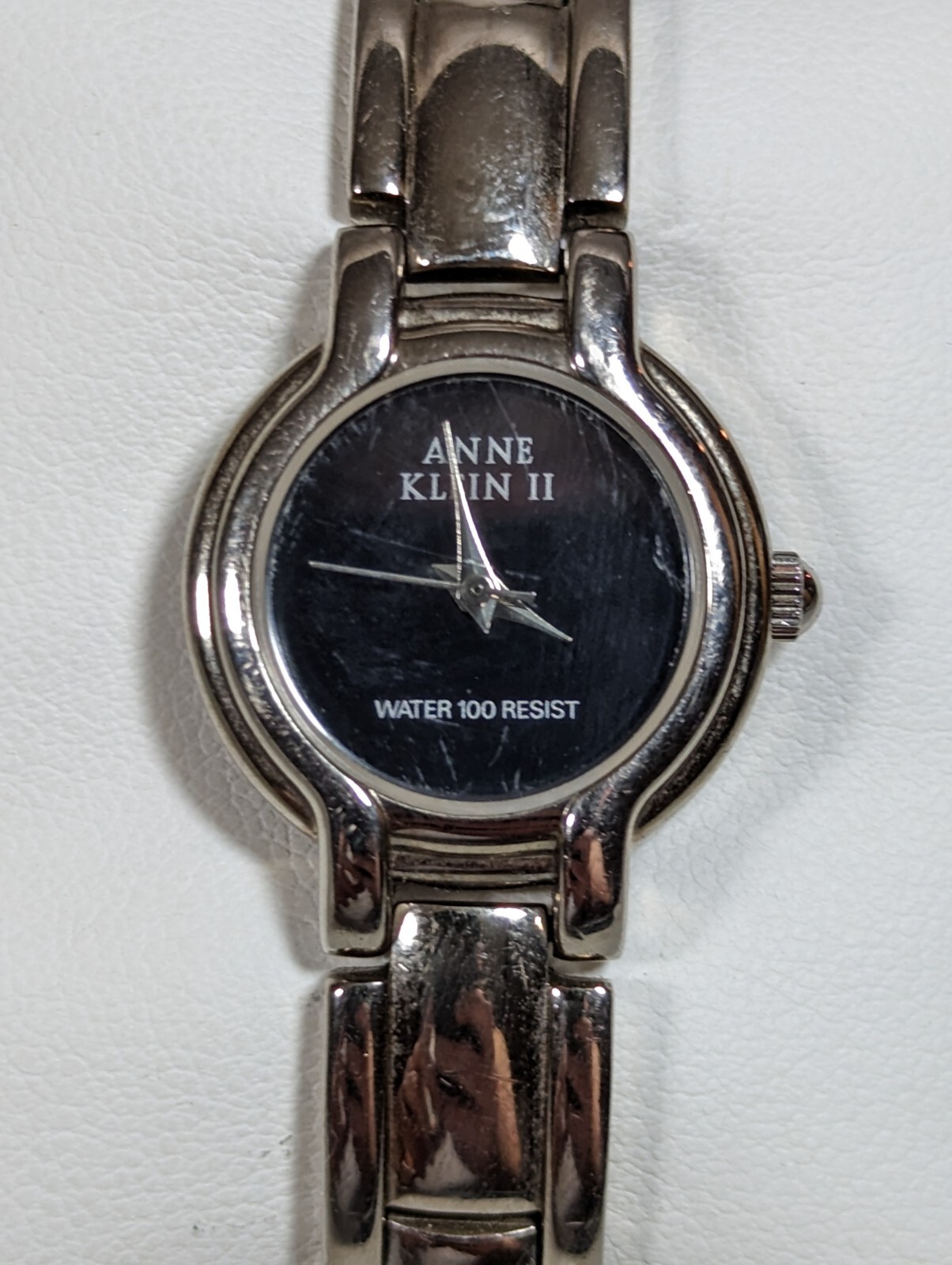 Anne Klein Black Dial Silver Tone Round Case Link Bracelet Band Watch 6.5 Inch