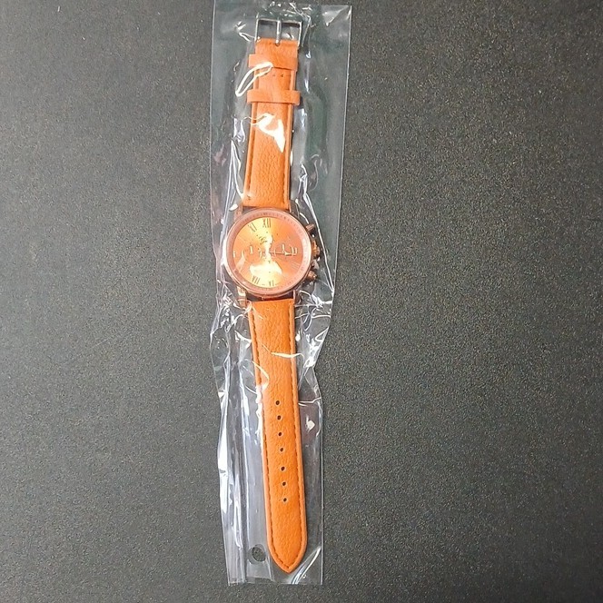 Geneva Orange Faux Leather Quartz Wristwatch Roman Numeral Dial Rose Gold Case