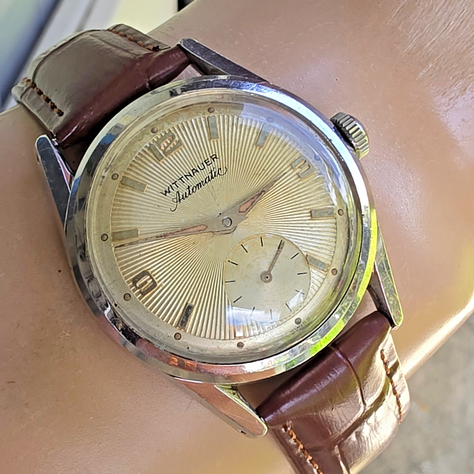 Vintage WITTNAUER men’s automatic watch 11AFG Sunburst dial swiss 1950s