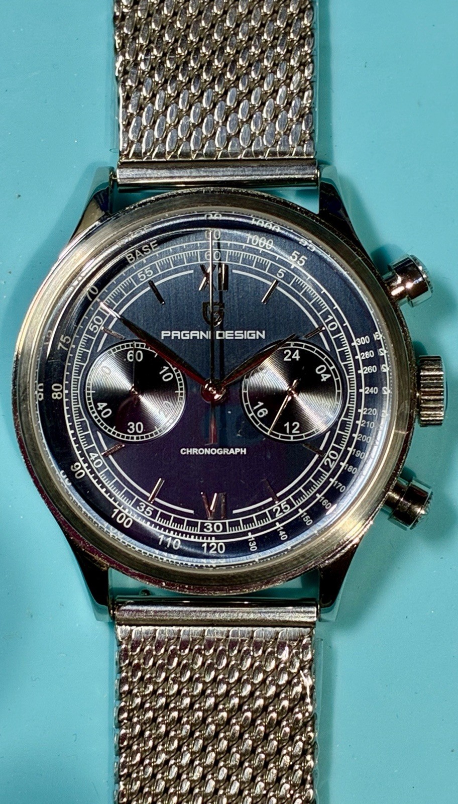 PAGANI DESIGN 40MM CHRONO VINTAGE STYLE BLUE BICOMPAX DIAL SEIKO VK64 QUARTZ