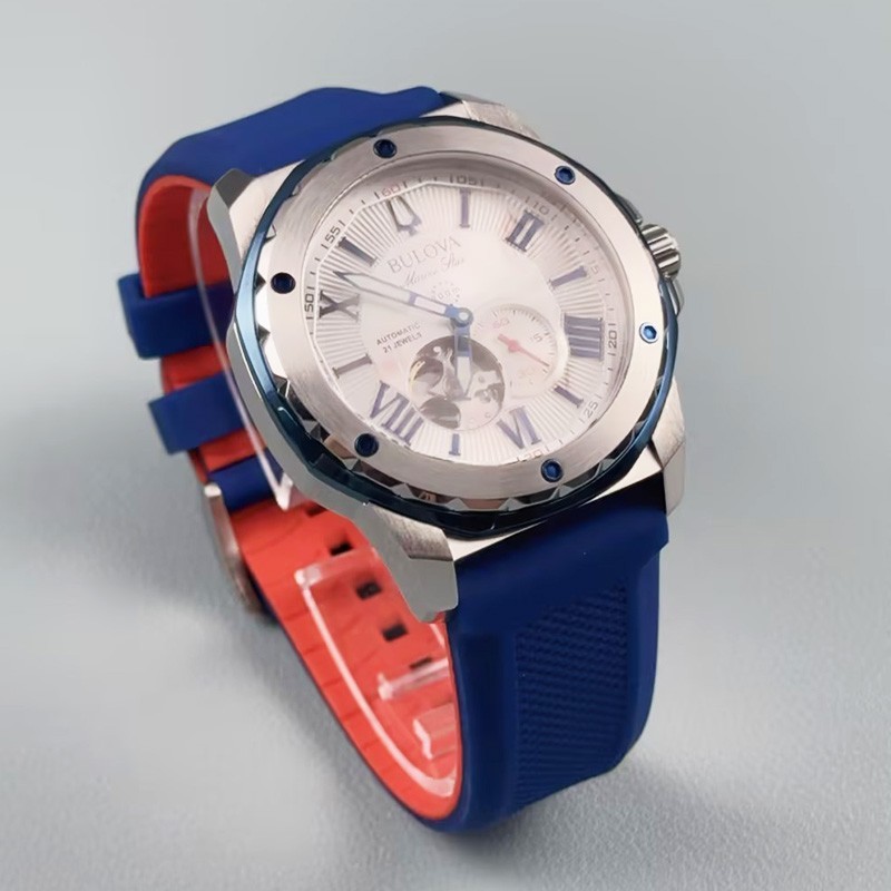 Bulova Marine Star A 98A225 Automatic Men’s Watch White Dial Rubber Strap 45mm
