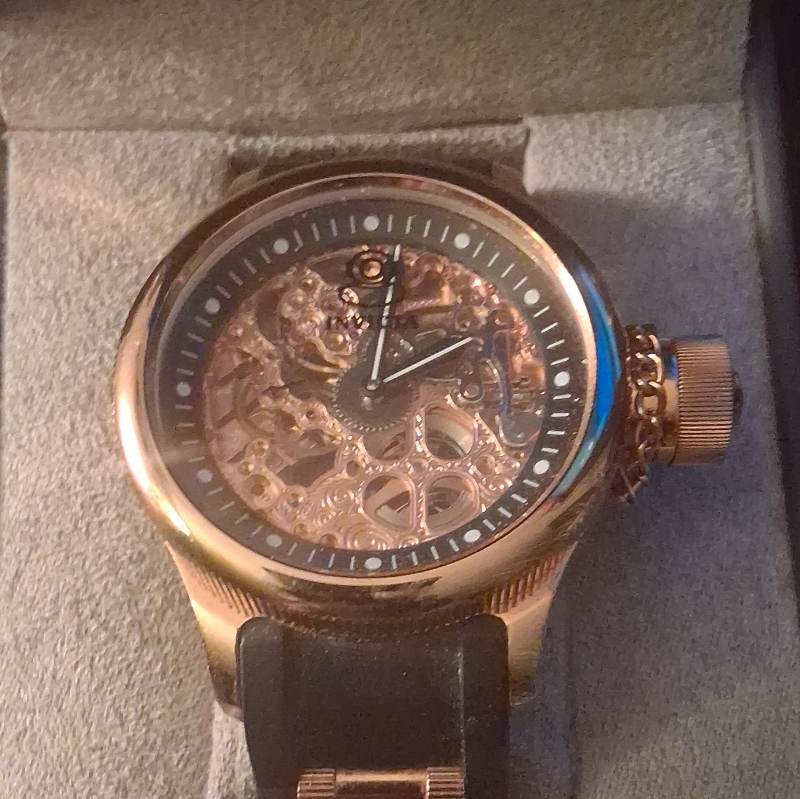 Invicta Men’s Skeleton Automatic Watch Rose Gold Tone Black Silicone Strap
