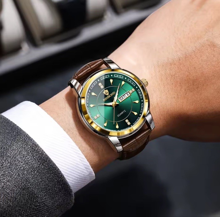 Men’s Leather Quartz Watch Waterproof Luminous Date Week Business Original
