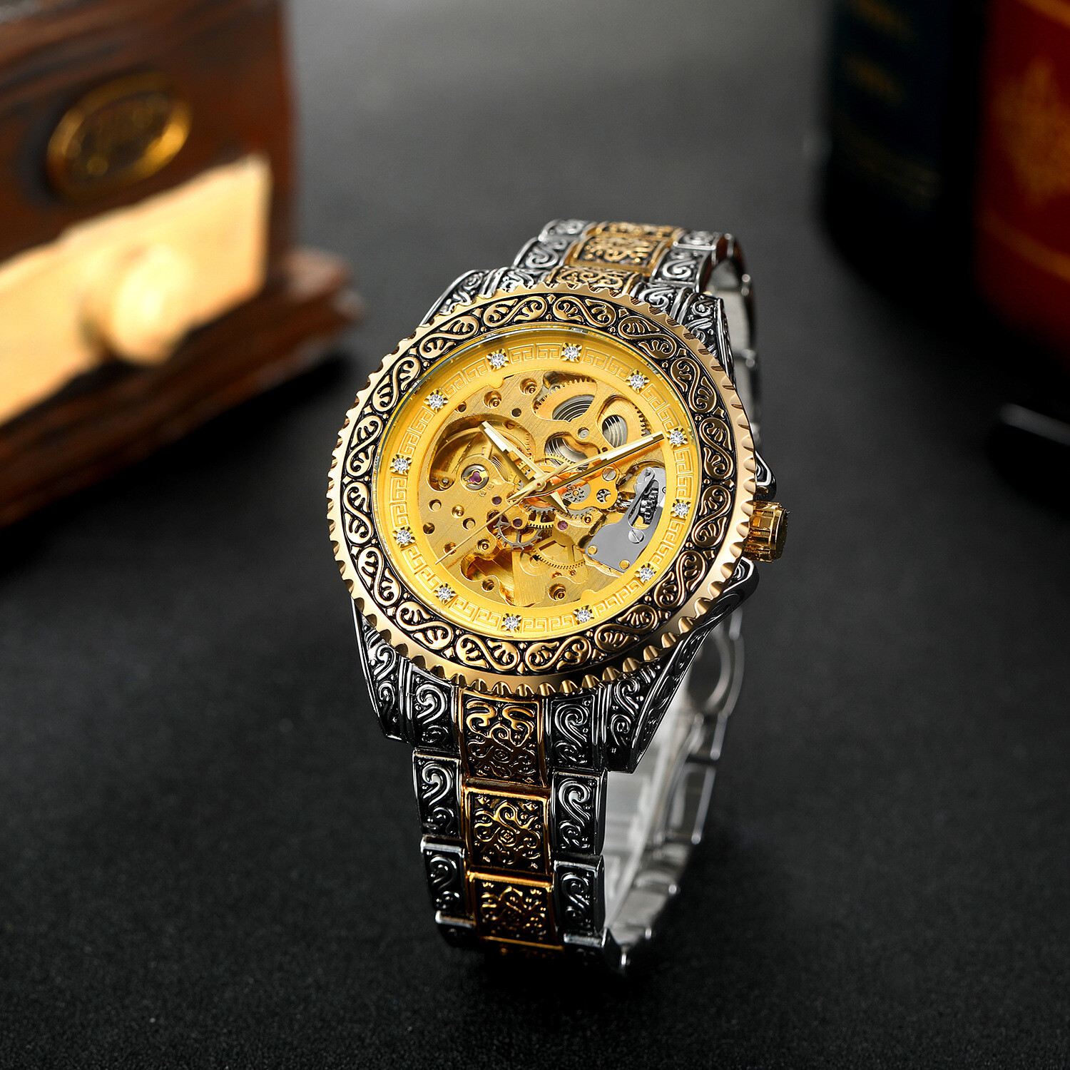 FORSINING Men’s Luxury Diamond Carved Skeleton Automatic Mechanical Wrist Watch