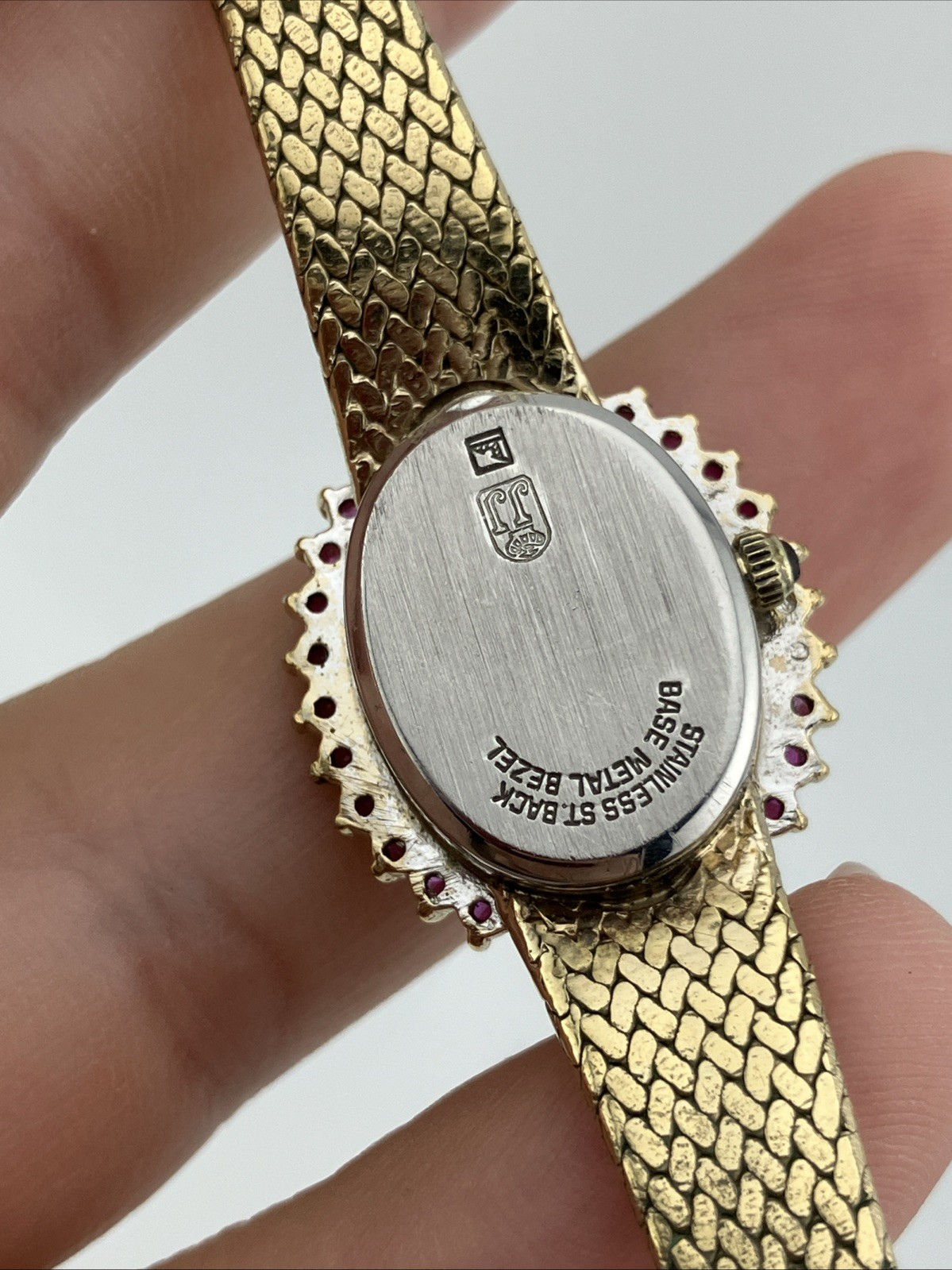 Vtg Jules Jurgensen Ladies 20mm Watch Gold Tone Diamon & Ruby Bezel Adjust -RUNS