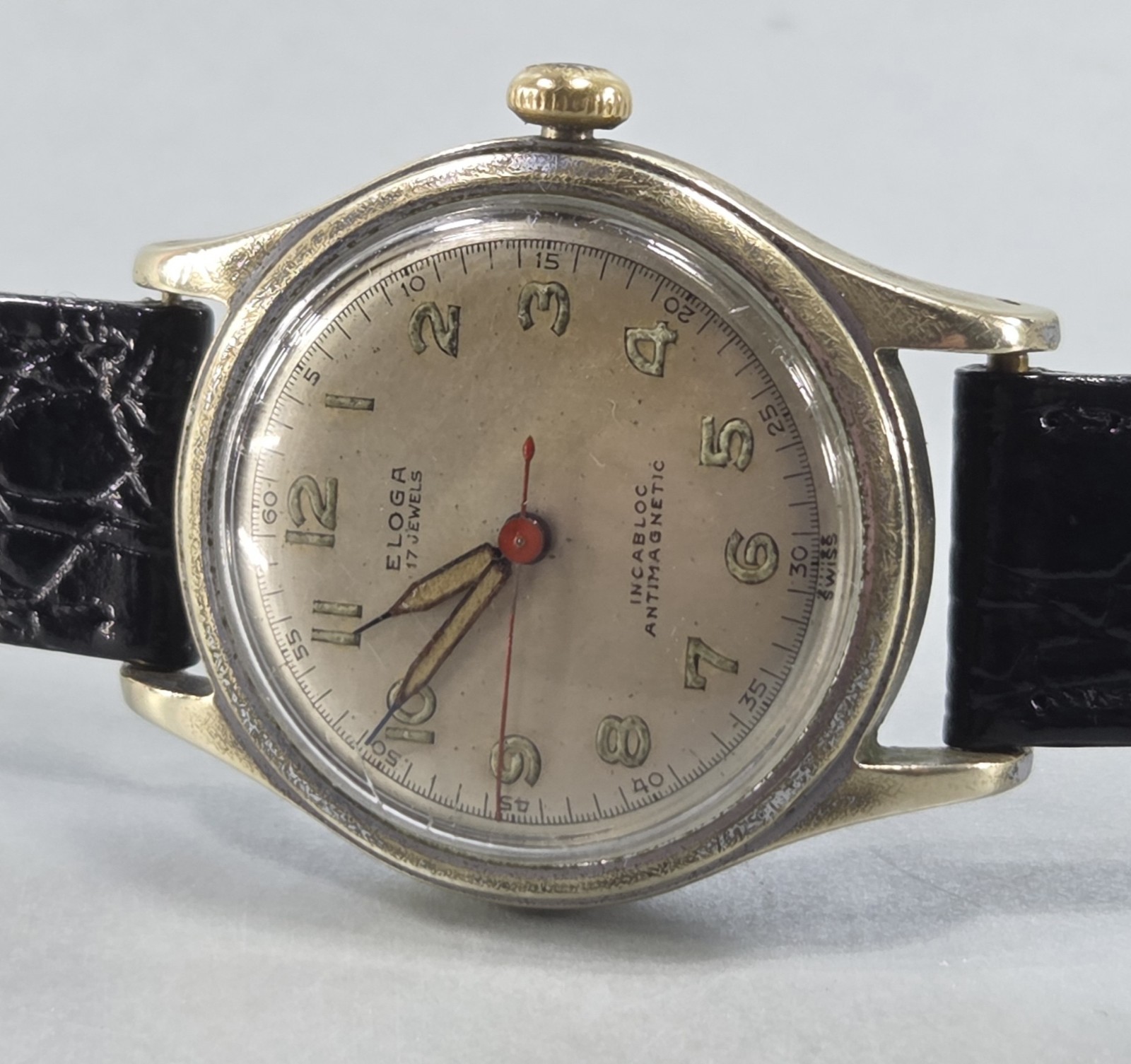 Vintage mid-century Champagne face Eloga 17 jewels Swiss Incabloc pilot’s watch