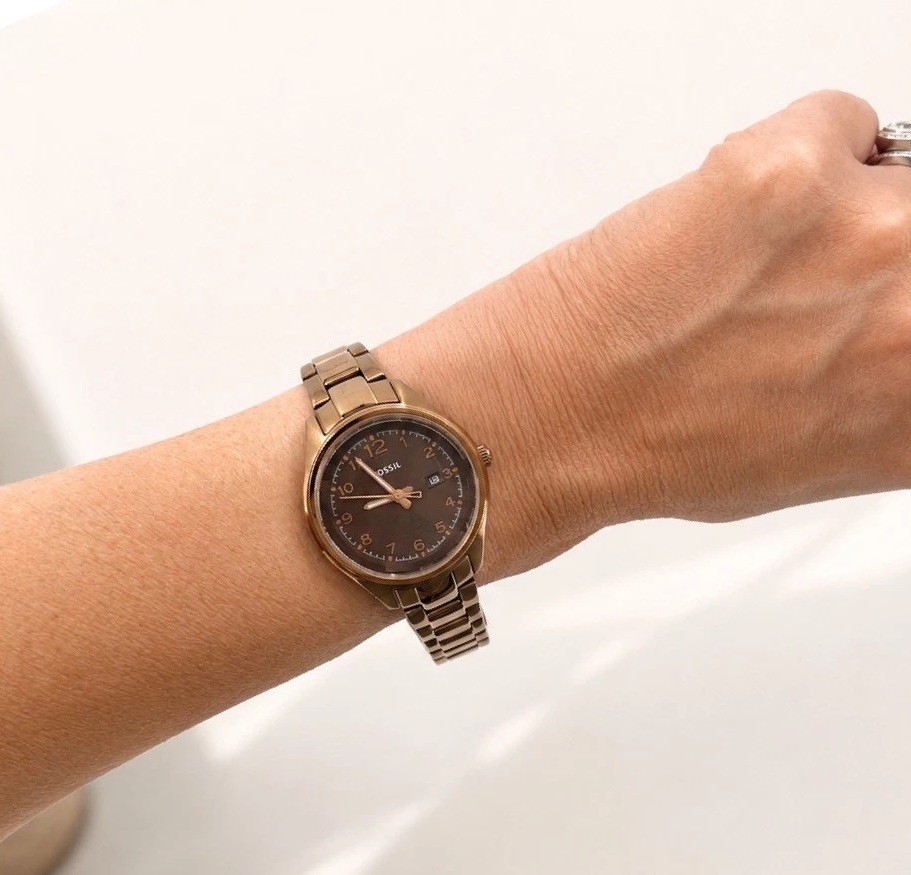 Fossil Flight Mini Womens Watch Bronze Stainless Steel Brown Dial Date AM-4366