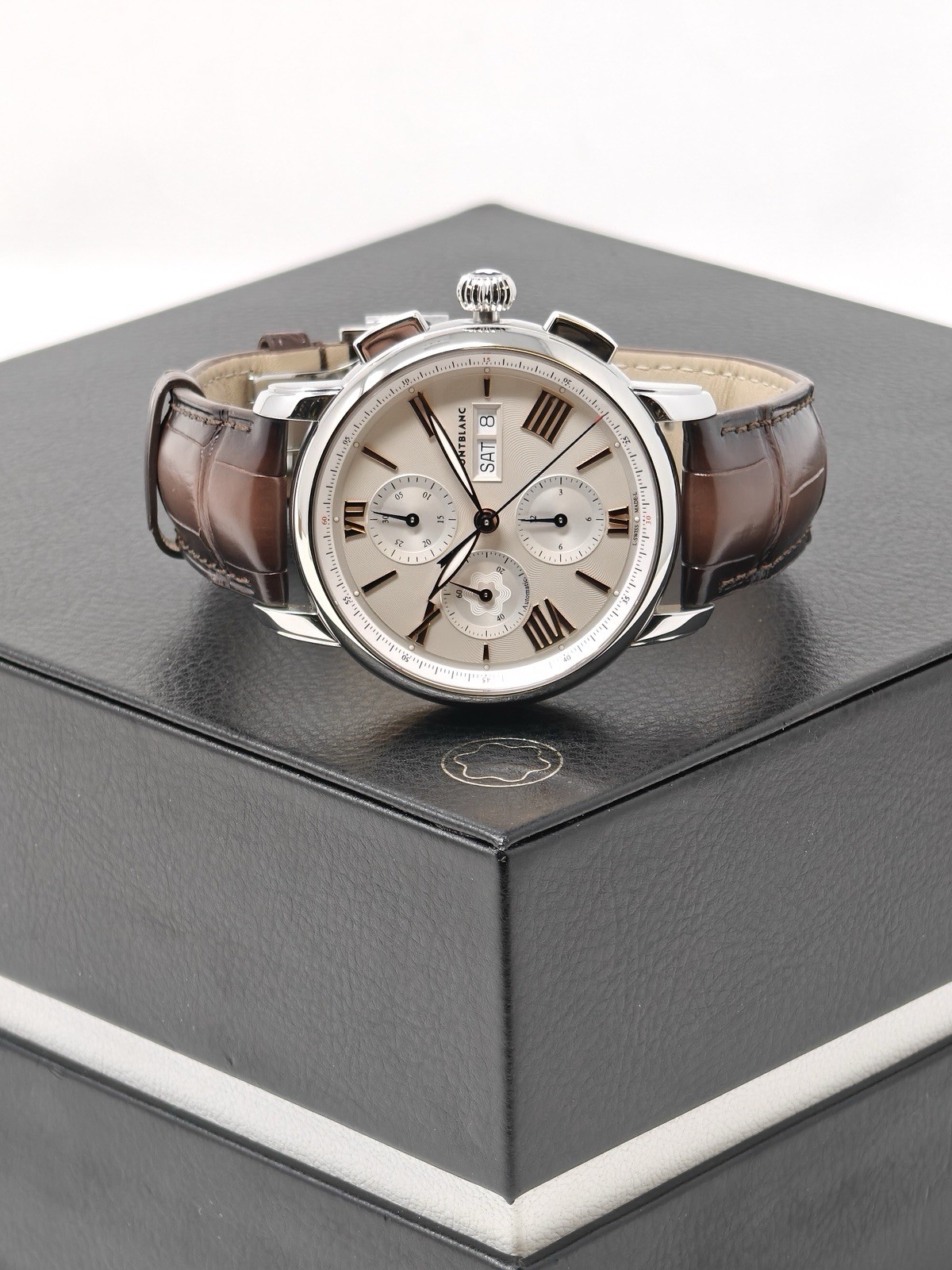 MontBlanc Star Legacy Day Date Chronograph Watch Brown Aligator Leather 126080