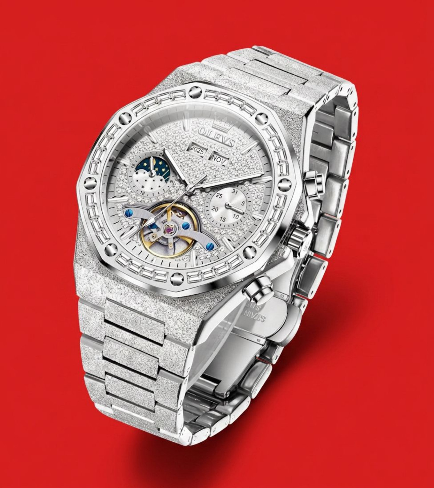 Men Luxury Silver Business Watch Self Winding Wristwatch Silver Dial Bling Olevs