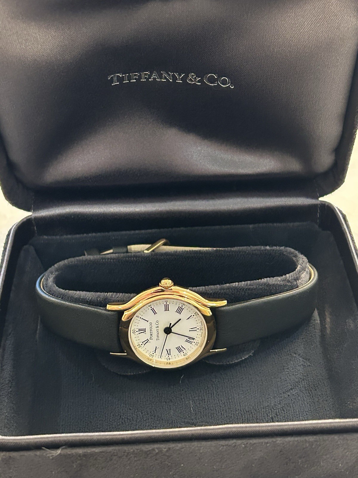 Tiffany & Co. Portfolio Gold Quartz Wristwatch Black Leather w/ Box