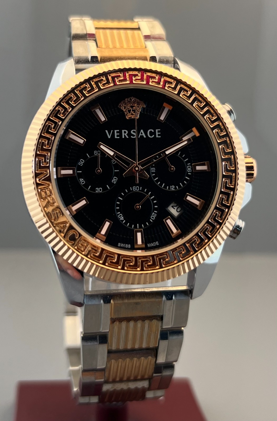 Vintage Men’s Versace Greca Action Chrono Quartz Black Dial Two-Tone Wristwatch