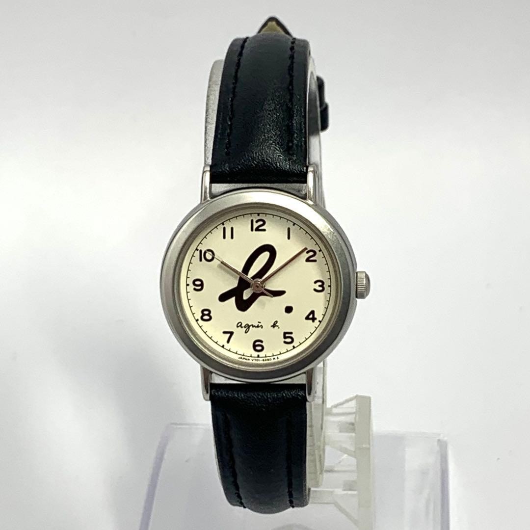 Agnes b. Quartz Analog Watch Black Leather Band Ivory Dial V701-6850
